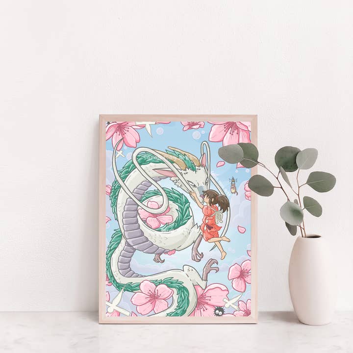 Sarah May Arts - Wholesale Art Print - Spirit Dragon Print | Fine Line Anime Floral Art3