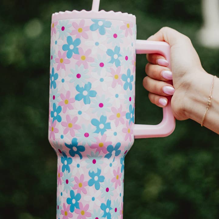 Light Pink Dainty Florals Wholesale 38 Oz Tumbler for wholesale on Faire