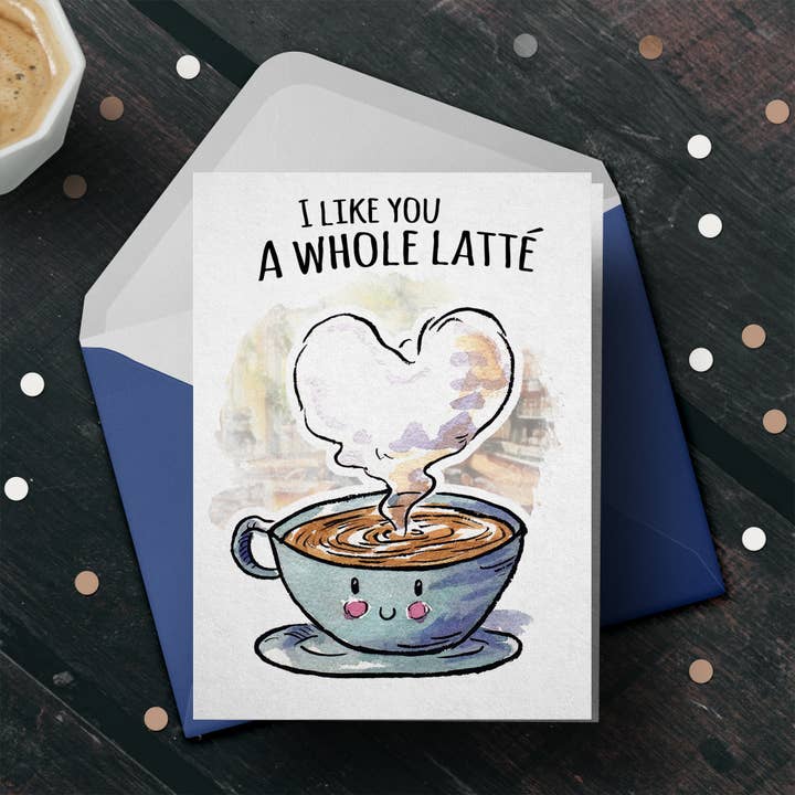 "Comme toi un Latte" Carte mignonne sur le thème du café pour l'amour de l'anniversaire pour la vente par Aaron Millard Illustration