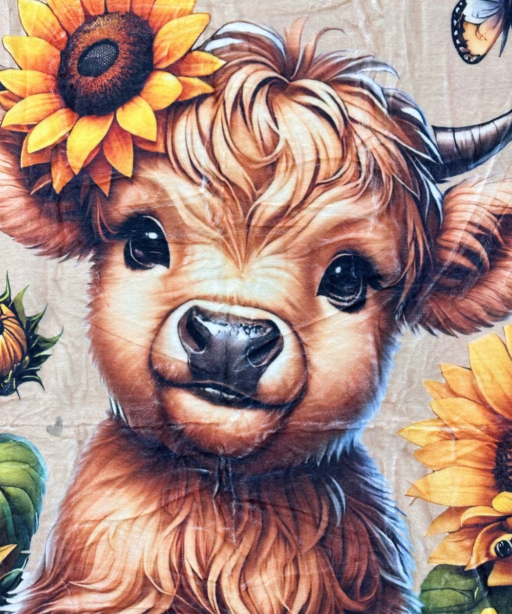 DESHENG ENTERPRISE - Vente Plaids - COUVERTURE EN FLANELLE OCCIDENTALE AVEC TOURNESOLS ET VACHE HIGHLAND1