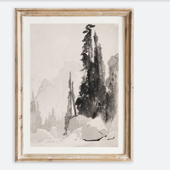 Vintage Mountain Black White Ink Landscape Art Print VP306 for wholesale by Sugar & Canvas