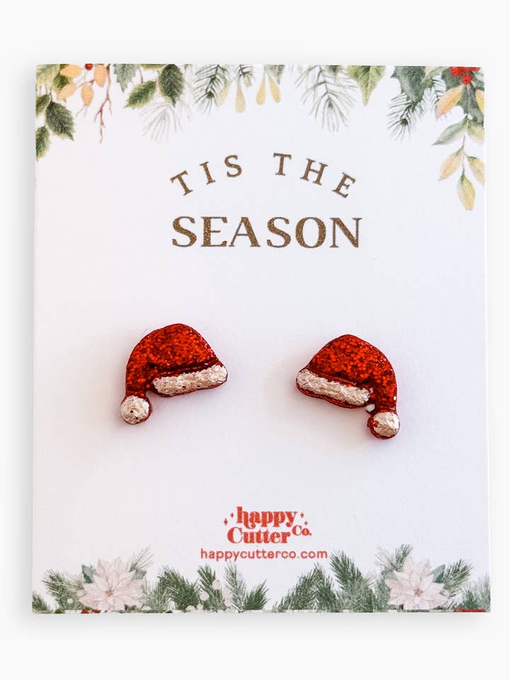 Christmas Studs - Red Glitter Santa Hat Holiday Stud Earring for wholesale by Happy Cutter Co