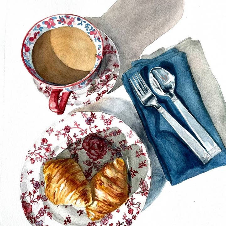 Cup Of Coffee And Croissants Watercolor Prints for wholesale by Hen and Chick Art