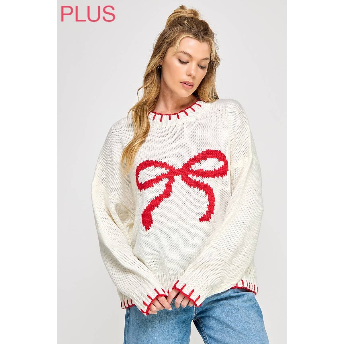 Sweet Generis – wholesale Knitted jumper – Women′s – PLUS HOLIDAY BIG BOW SWEATER PULLOVER WITH CONTRAST EDGE STI26