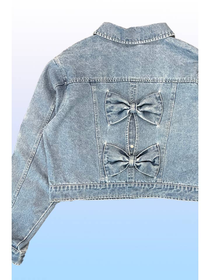 Blå Cropped denimjakke med sløjfedetaljer for engroshandel på Faire7