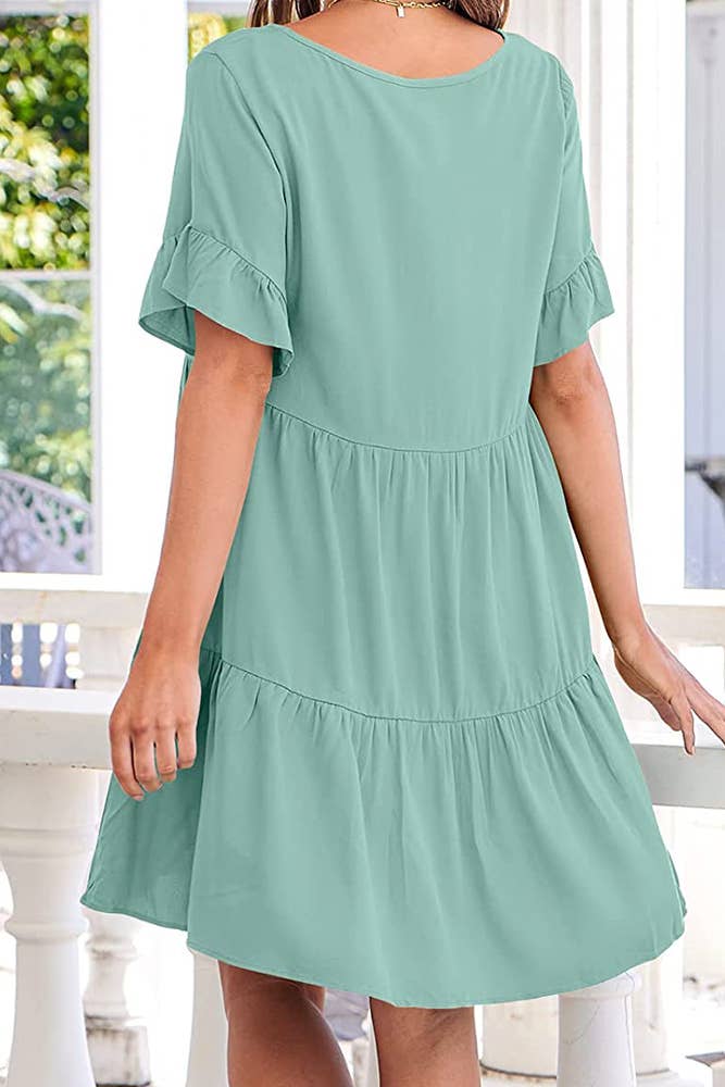 UNISHE - Vendita all'ingrosso Vestito - Donna - Abito A Balze Con Volant Con Scollo A V Semplice E Tasche MD03818