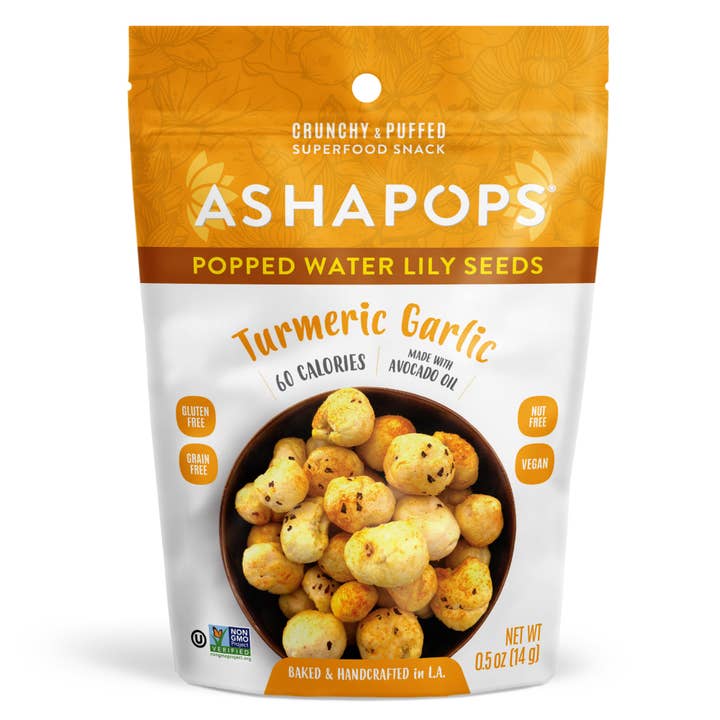 AshaPops - Wholesale Puffed Snack - 0.5oz Turmeric Garlic - AshaPops Popped Water Lily Seeds