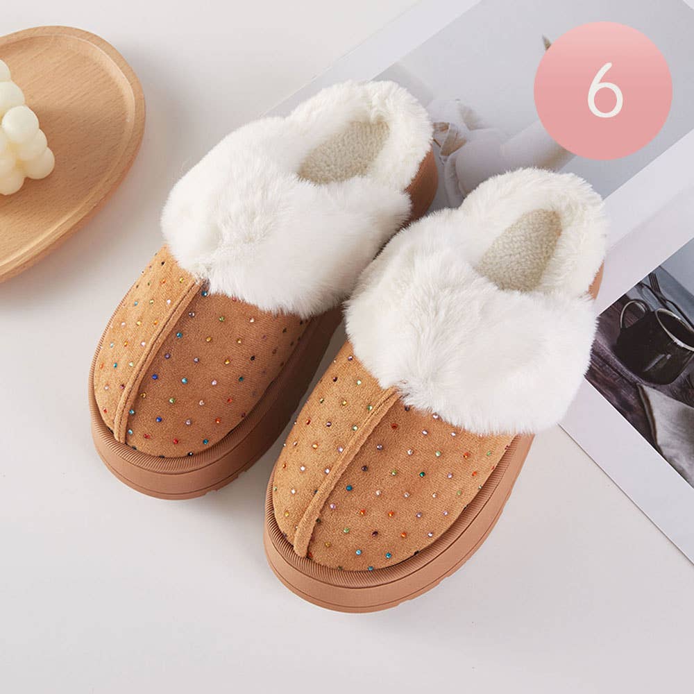 Sensibling Corp. – wholesale Slippers – Women's – 6Pairs - Rhinestone Embellished Fuzzy Plush Home Indoor Floor Slippers4