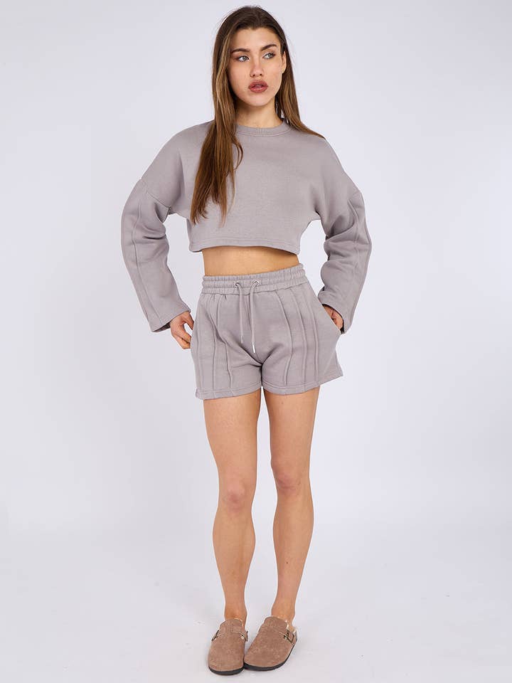 AX Labels - Wholesale Lounge Set - Women's - Seam Detail Oversized Crop Top & Shorts Fleece Co-ord36