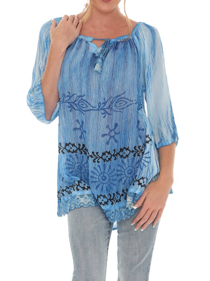 Batik-Tunika mit Dreiviertelärmeln und Schlüsselloch vorne für den Großhandel von Shoreline Wear. INC