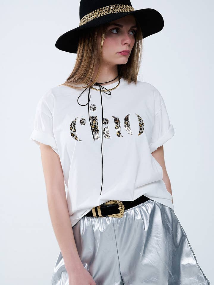 relaxed White T-shirt With Ciao in Leopard Print for wholesale on Faire