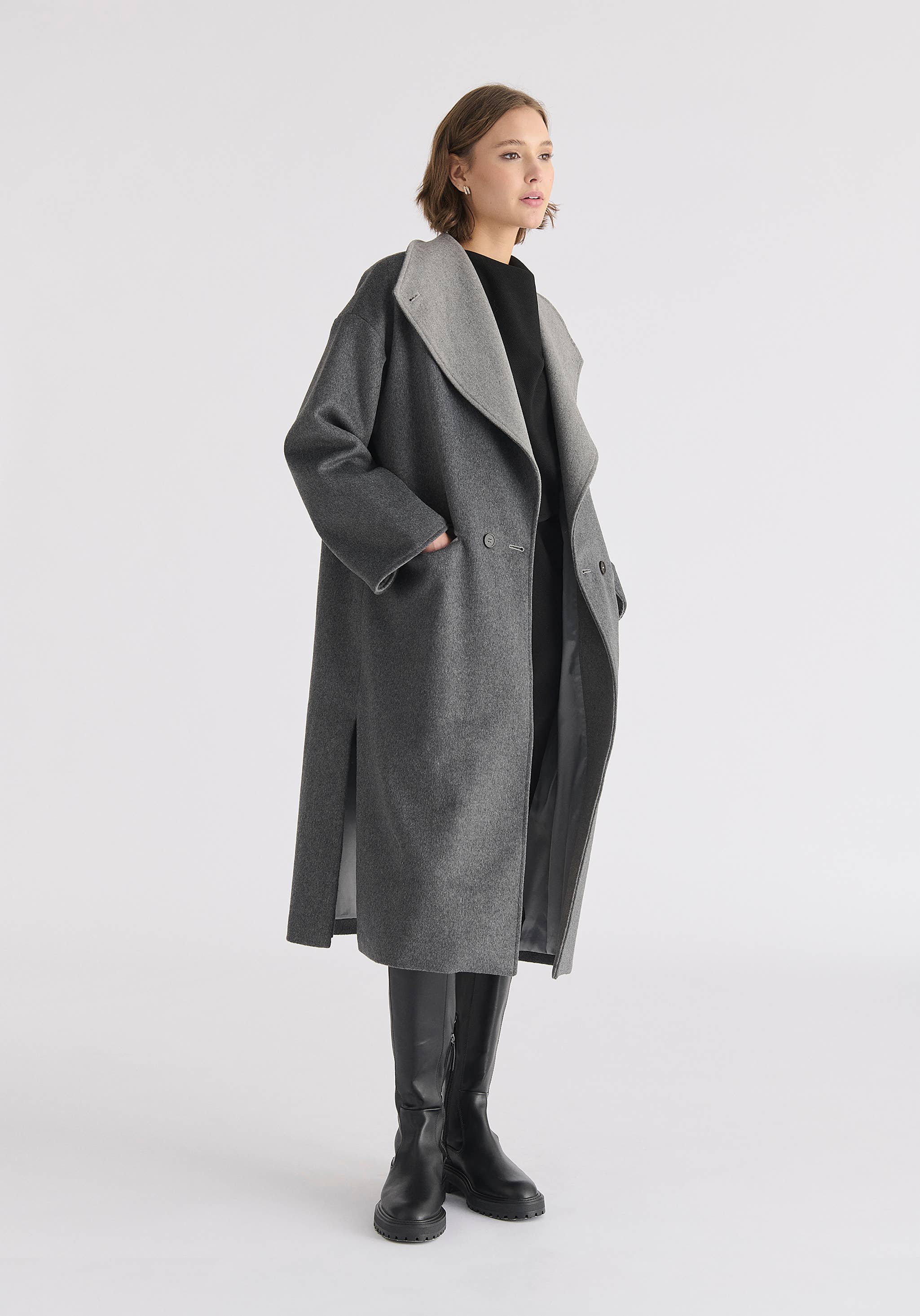 Paisie - Wholesale Coat - Women's - Two-Tone Double Breasted Wool Blend Coat11