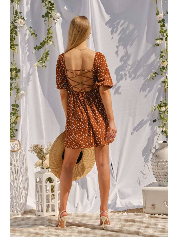 BROWN DND1235 FLORAL KNIT BABYDOLL DRESS for wholesale on Faire