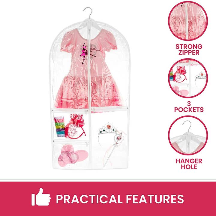 Bagsko - Wholesale Costume - Kids - Clear Dance Costume Garment Bag with Pockets for Kids with Durable Diagonal Zipper Transparent