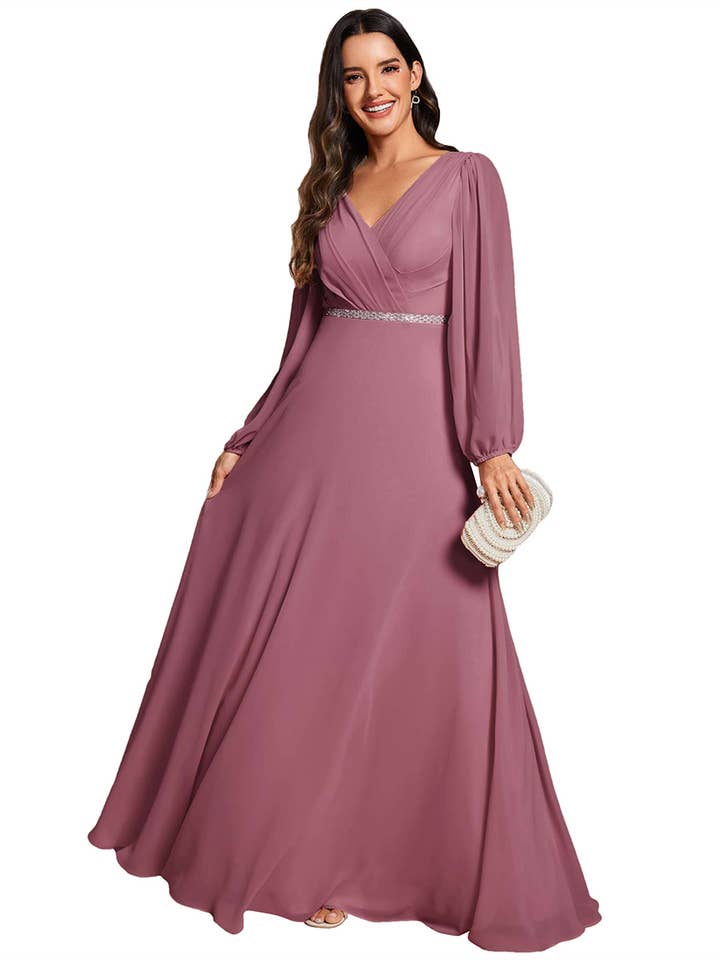 Ever-Pretty - Wholesale Gown - Women's - Elegant waisted chiffon V-neck Long Sleeve guest Dress51