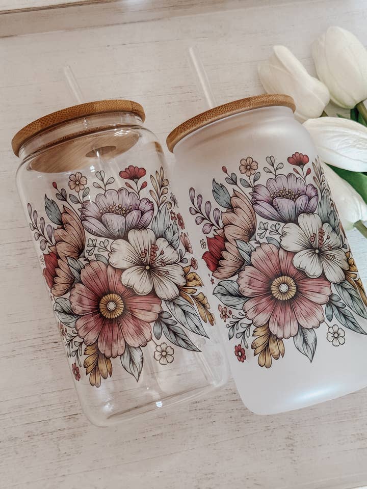 Floral 16oz Glass Cup with Bamboo Lid for wholesale by Emma K Designs