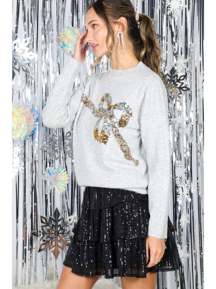 Vine & Love - Wholesale Knit Sweater - Women's - Sparkling Bow Sequin Accent Cozy Knitted Sweater Top VT8269811