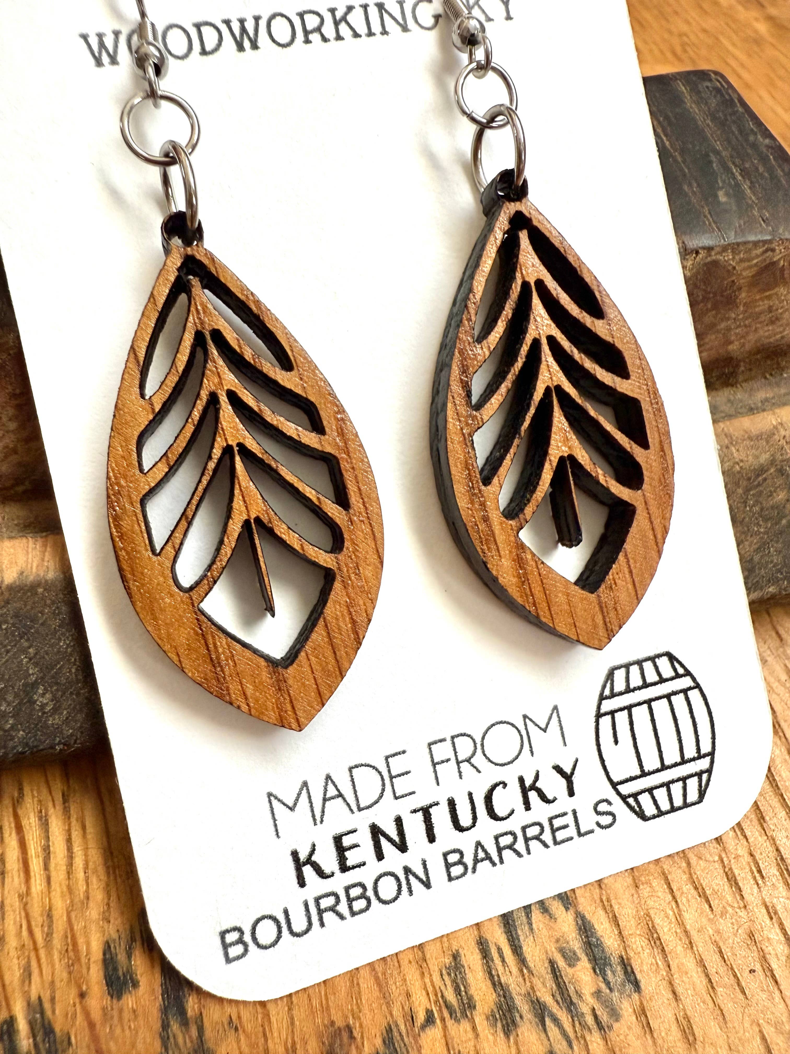 Brown Wood Bohemian Earrings made from bourbon whiskey barrels. for wholesale on Faire1