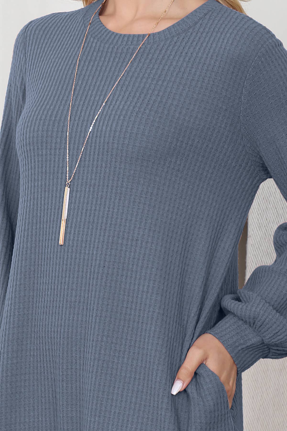 You & Me - Wholesale Dress - Women's - YMD10051V-BRUSHED WAFFLE BUBBLE SLEEVE POCKET DRESS23