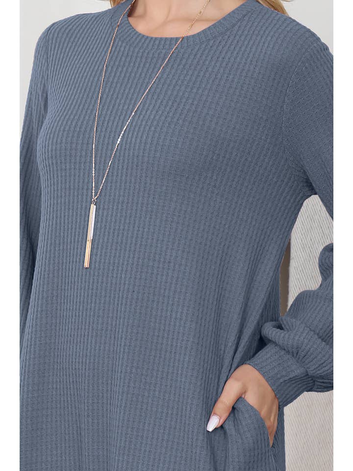 You & Me - Wholesale Dress - Women's - YMD10051V-BRUSHED WAFFLE BUBBLE SLEEVE POCKET DRESS23