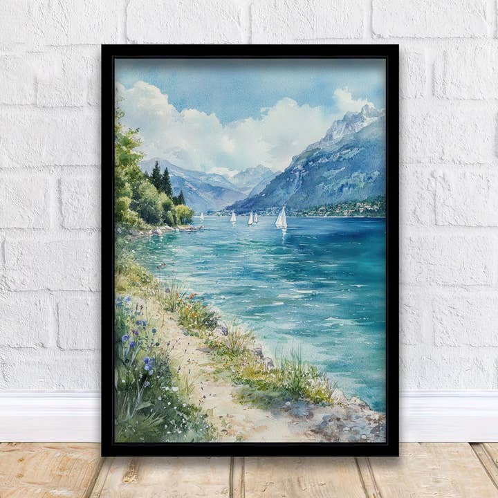 Lake Annecy Watercolor Painting French Alps Art Annecy Poster Scenic Lake Decor Watercolor Landscape for wholesale by InkNPrintz