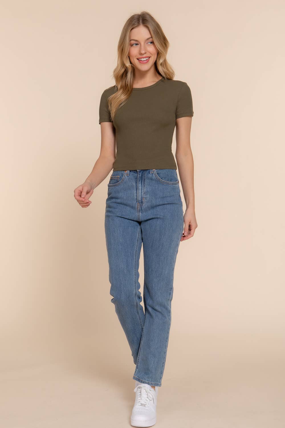 Active Basic | Active USA - Vendita all'ingrosso Top in maglia - Donna - Top a maniche corte con scollo tondo in cotone e spandex a costine19