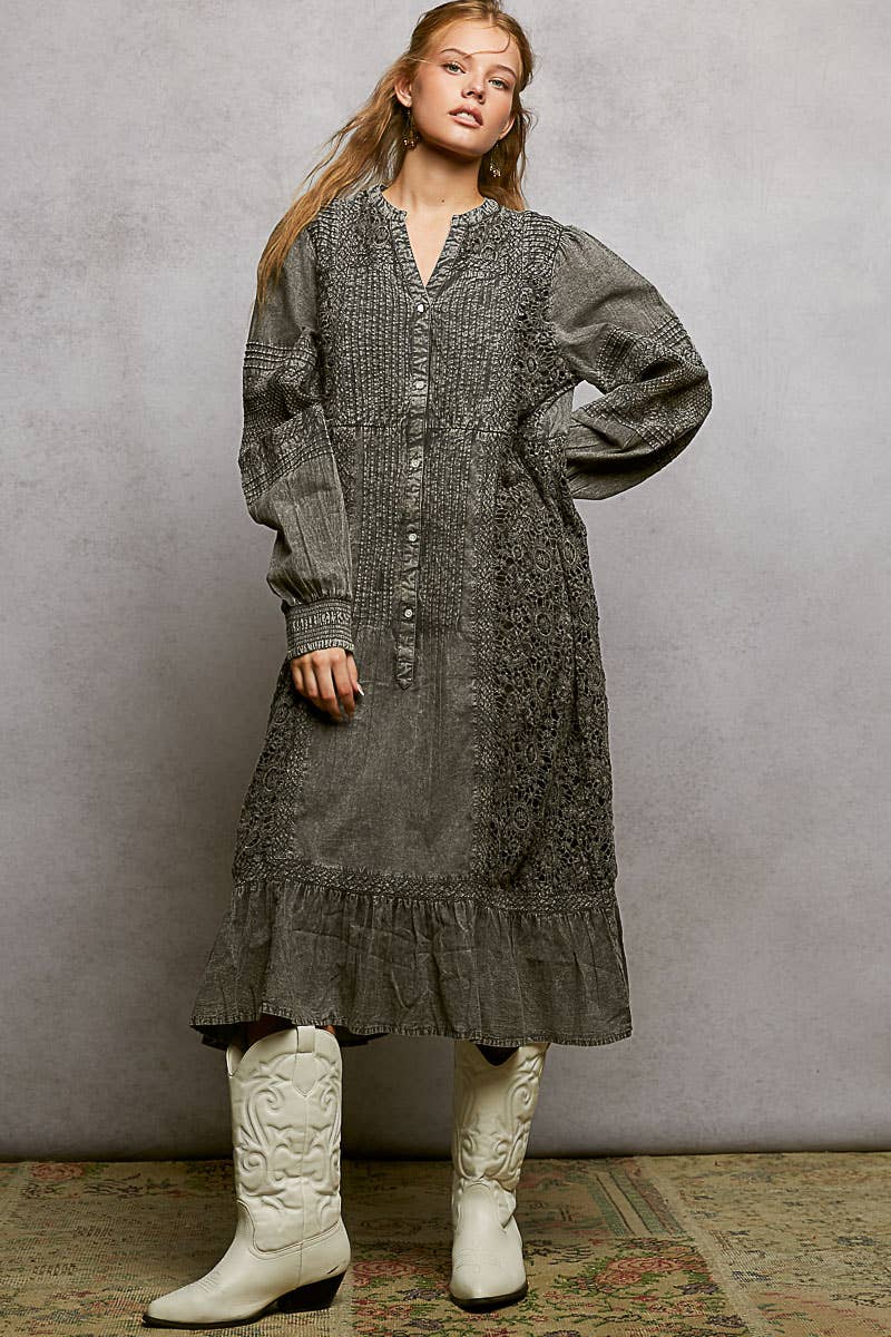 Pol Clothing - Wholesale Dress - Women's - Vintage Pintuck Ruffle Washed Boho Dress0