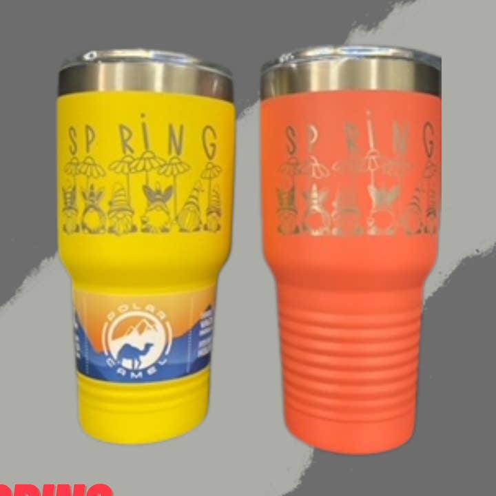 Spring Gnomes Metal Laser Engraved Tumbler for wholesale by Liberty Wholesale