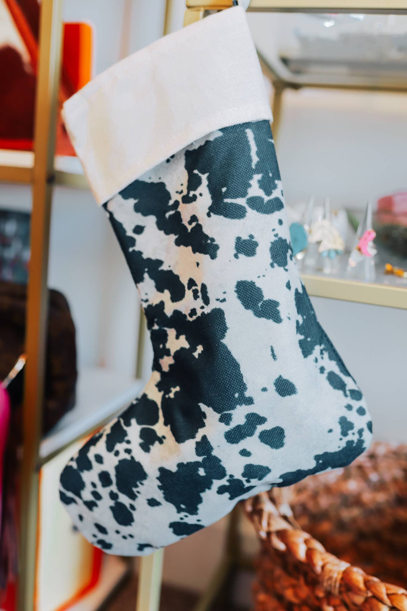 The Front Porch Label - Wholesale Holiday Stocking - Black Cowhide Christmas Stocking