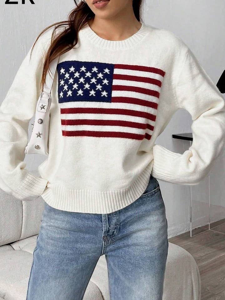 WHITE CWOSWL5753_AMERICAN FLAG LOOSE FIT CREWNECK SWEATER for wholesale on Faire3