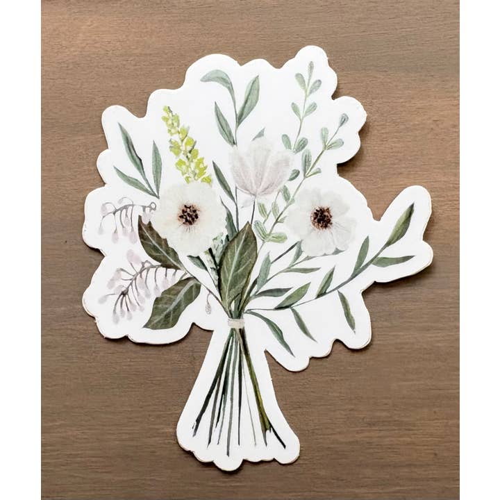 Rustic White Floral Bouquet Sticker, Waterproof Vinyl for wholesale by Maryellen Kim Art And Design