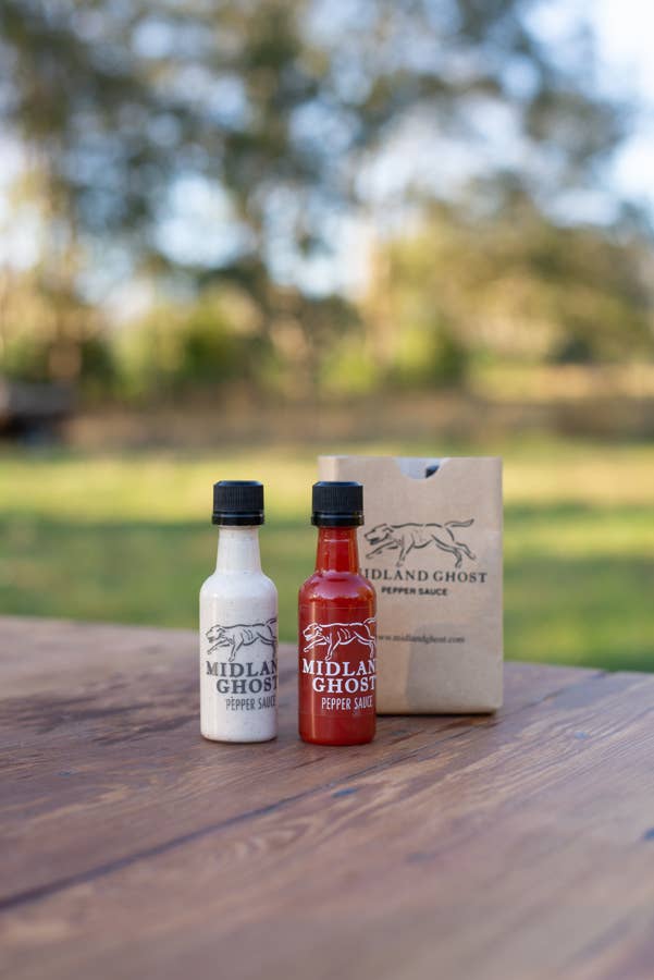 Midland Ghost - Wholesale Hot Sauce - SIP-SAC w/ Red & White Mini Bottles1