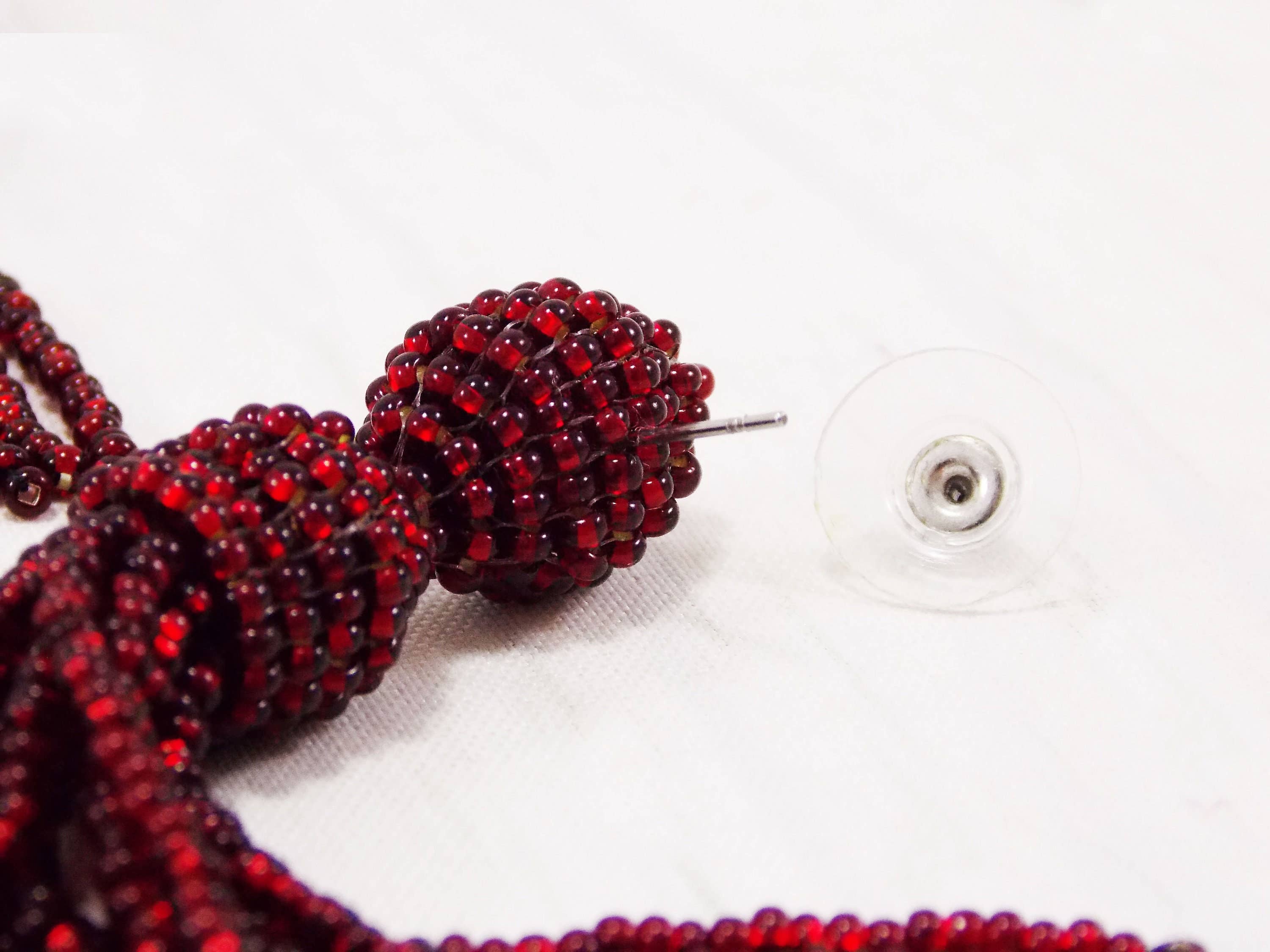 Ninolia - Wholesale Tassel Earrings - Red Sparkly Earrings Red Holiday Earrings Red Glitter Earrings Red Bead Tassel Fringe Drop Earrings Statement Tassel Burgundy Earrings Stud7