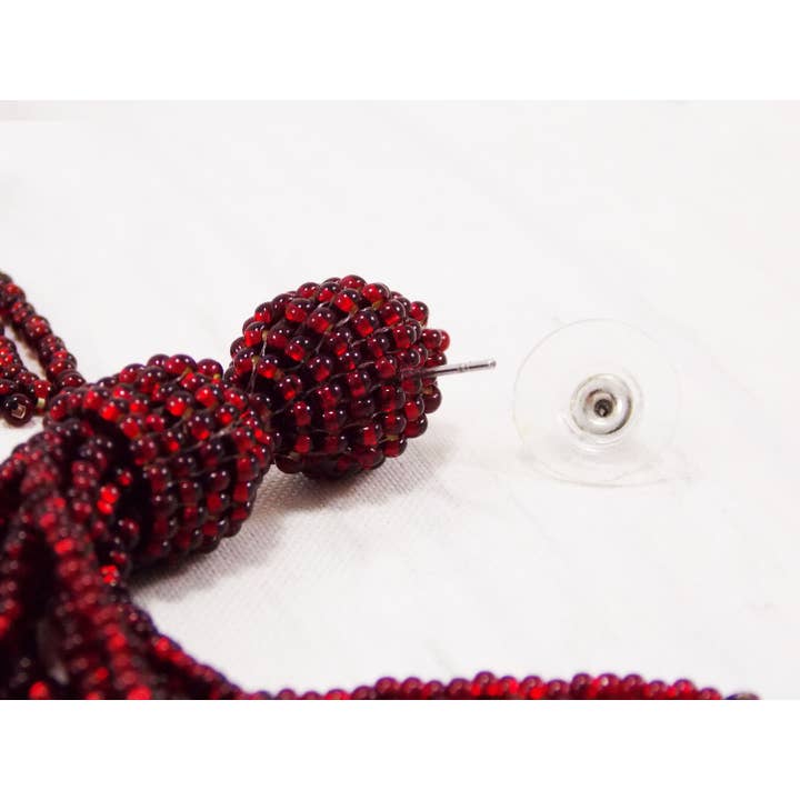 Ninolia - Wholesale Tassel Earrings - Red Sparkly Earrings Red Holiday Earrings Red Glitter Earrings Red Bead Tassel Fringe Drop Earrings Statement Tassel Burgundy Earrings Stud7