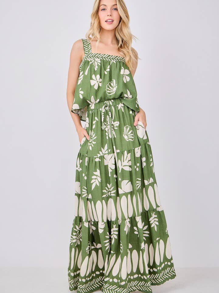 Boarder Print Top and Skirt Set HST3300-GREEN for wholesale by B I G H I T Fashion