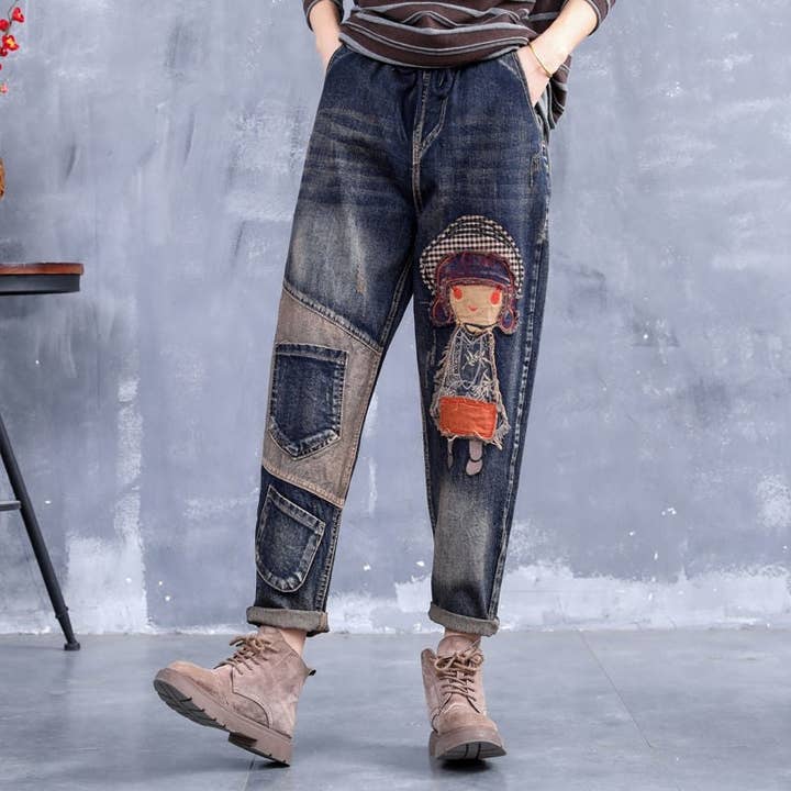 SAME AS THE PICTURE Retro Embroidery Patchwork Casual Loose Harem Jeans for wholesale on Faire3