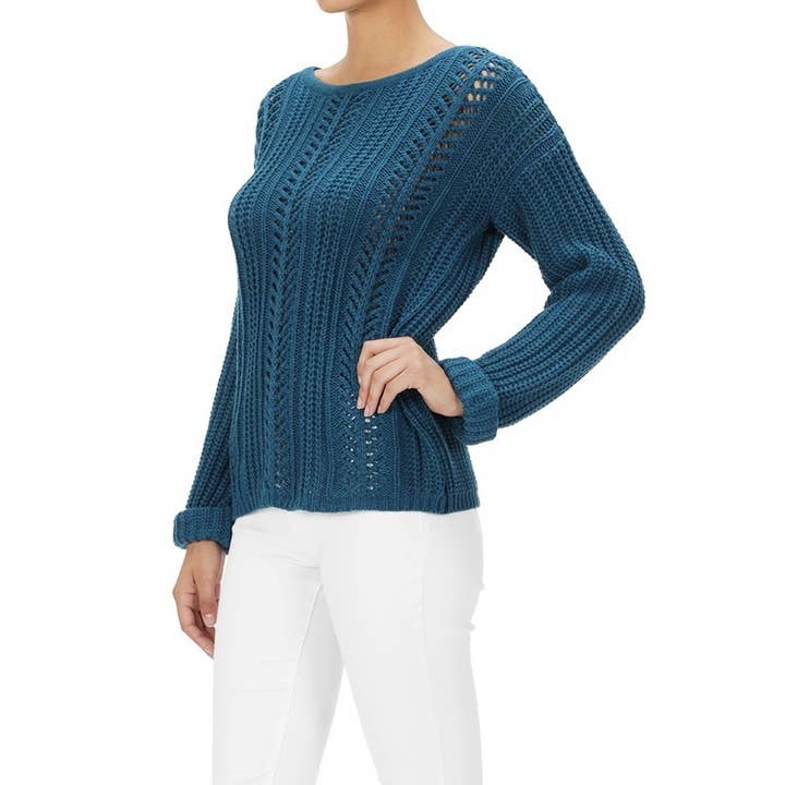 Mak - Wholesale Knit Sweater - Women's - Leaf Crochet Detailed Rolled Up Sleeve Sweater HB205212