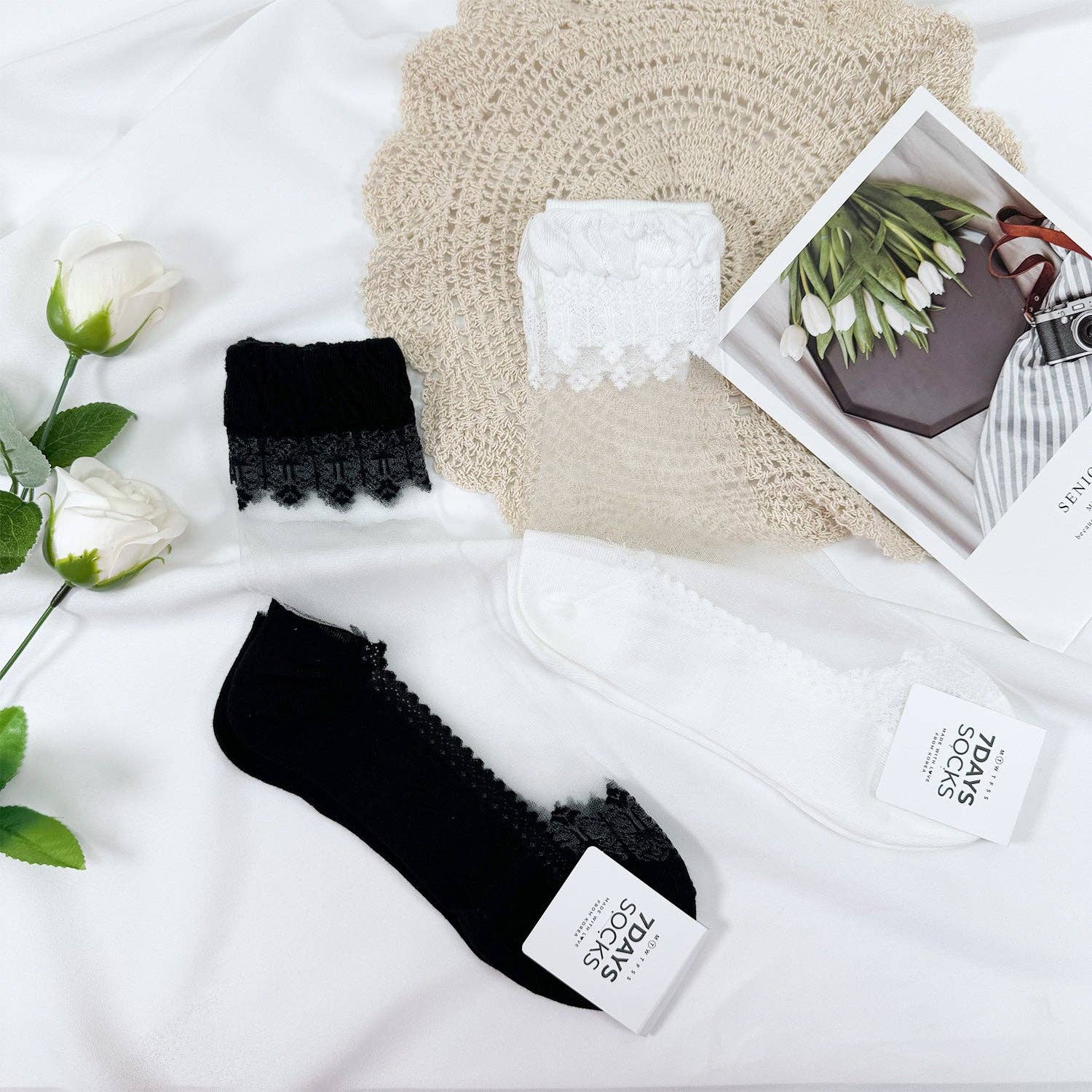 7DAYSSOCKS - Vente Chaussettes – femme - Chaussettes transparentes Crew en dentelle transparente pour femmes7