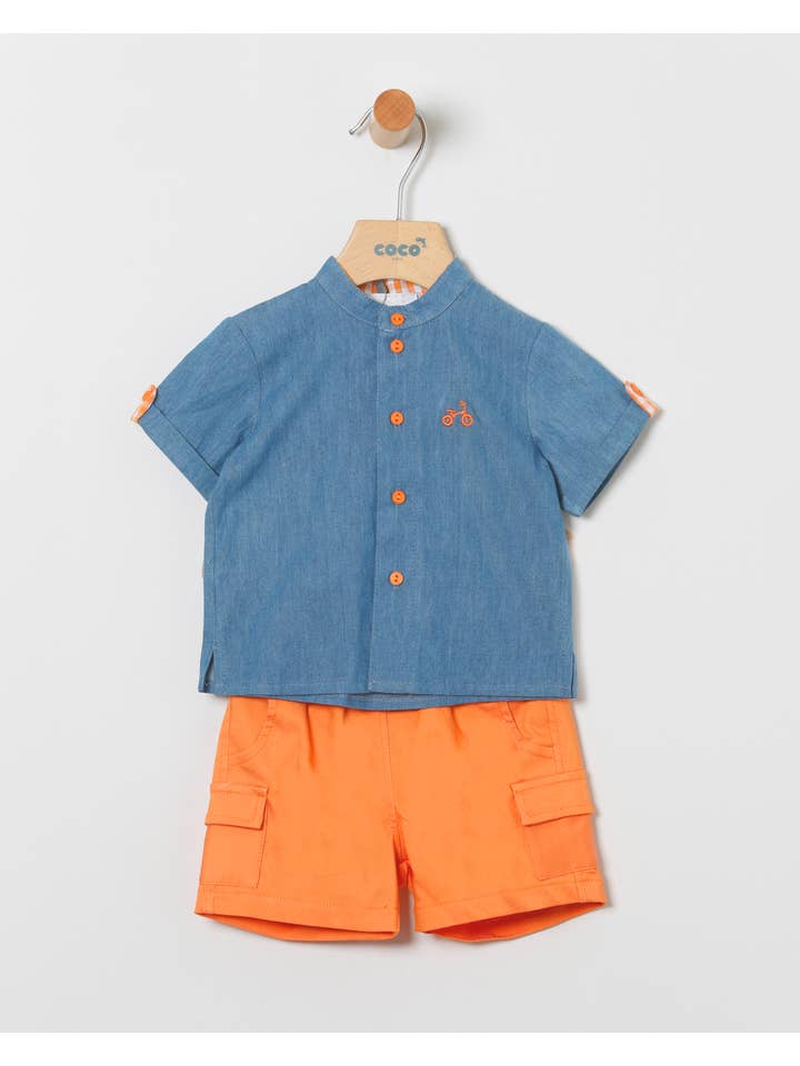 COCO ACQUA - Wholesale Top & Short Set - Kids - Denim Shirt and Orange Shorts Set with Embroidery