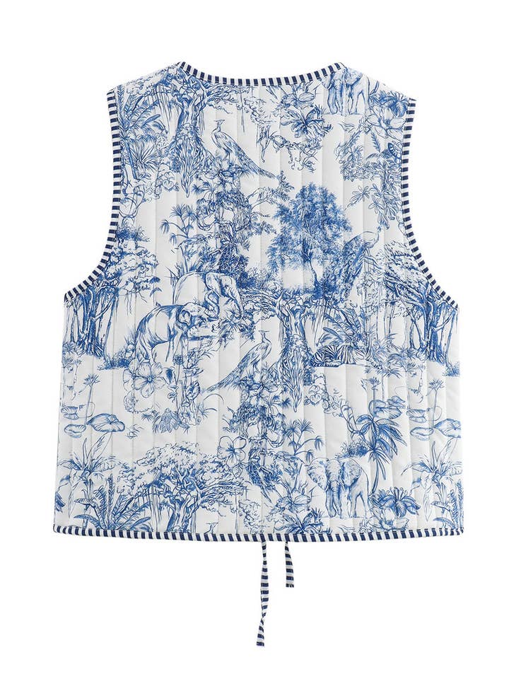Rosa Clothing - Wholesale Outerwear Vest - Women's - Oriental porcelain printed Tie front Floral quilted vest14