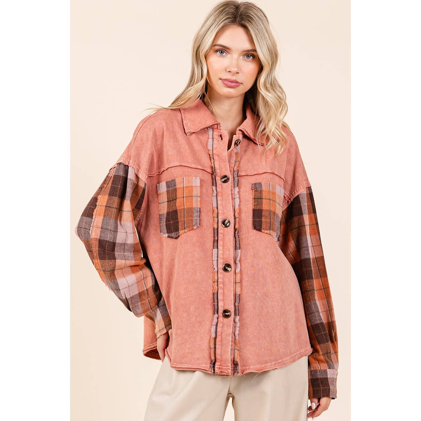 mittoshop - Wholesale Shirt Jacket/Shacket - Women's - MINERAL WASH CONTRAST PLAID PATCHWORK SHACKET0