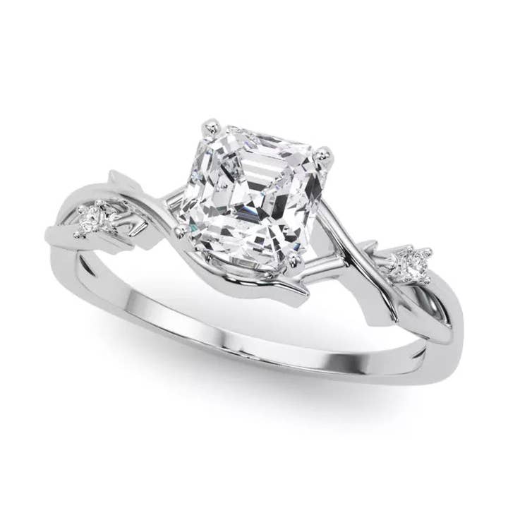Bague de fiançailles Asscher inspirée par la nature pour la vente par Caratina
