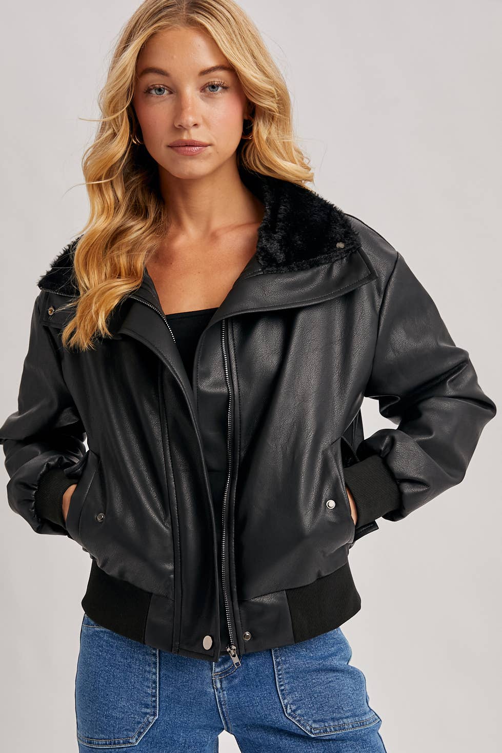 Bluivy - Wholesale Bomber Jacket - Women's - AVIATOR FAUX LEATHER AND FUR TRIMMED BOMBER JACKET
