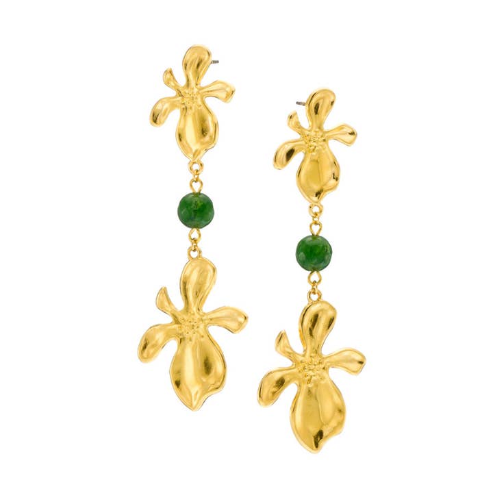 Gouden geometrische oorbellen met groene agaatstenen voor wholesale door MARA MADE IN GREECE