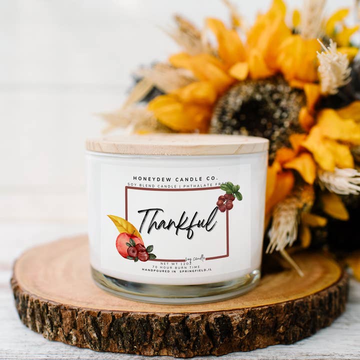 Thankful 3 Wick Candle 12 oz for wholesale by Honeydew Candle Co.
