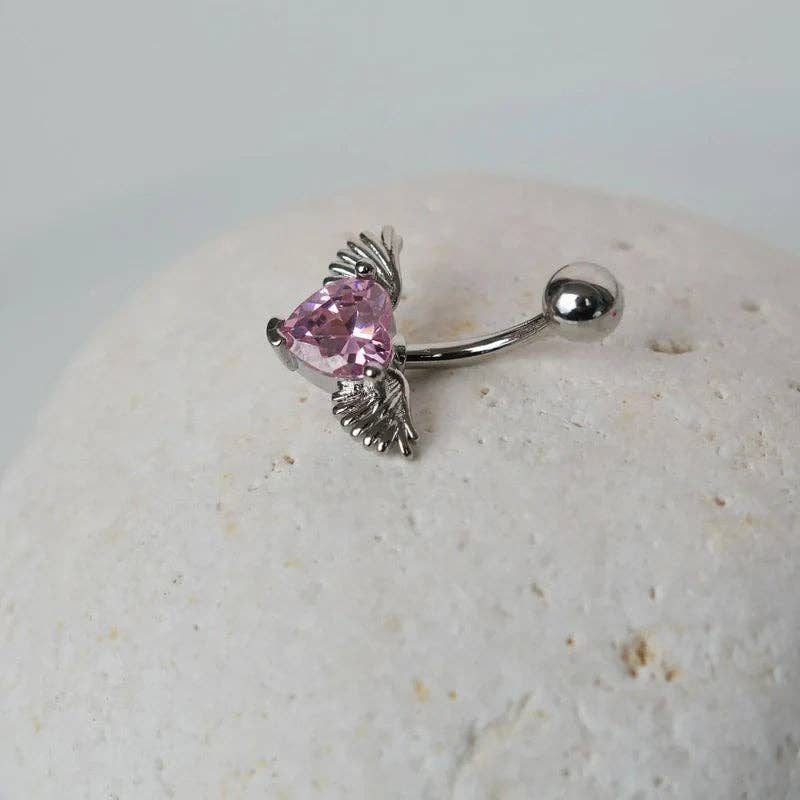 StockJWL - Wholesale Belly Ring - Pink Heart Angel Wing Belly Button Ring, Navel Piercing, Belly Button Piercing, Belly Ring, Curved Barbell, Belly Piercing, Belly Bar3