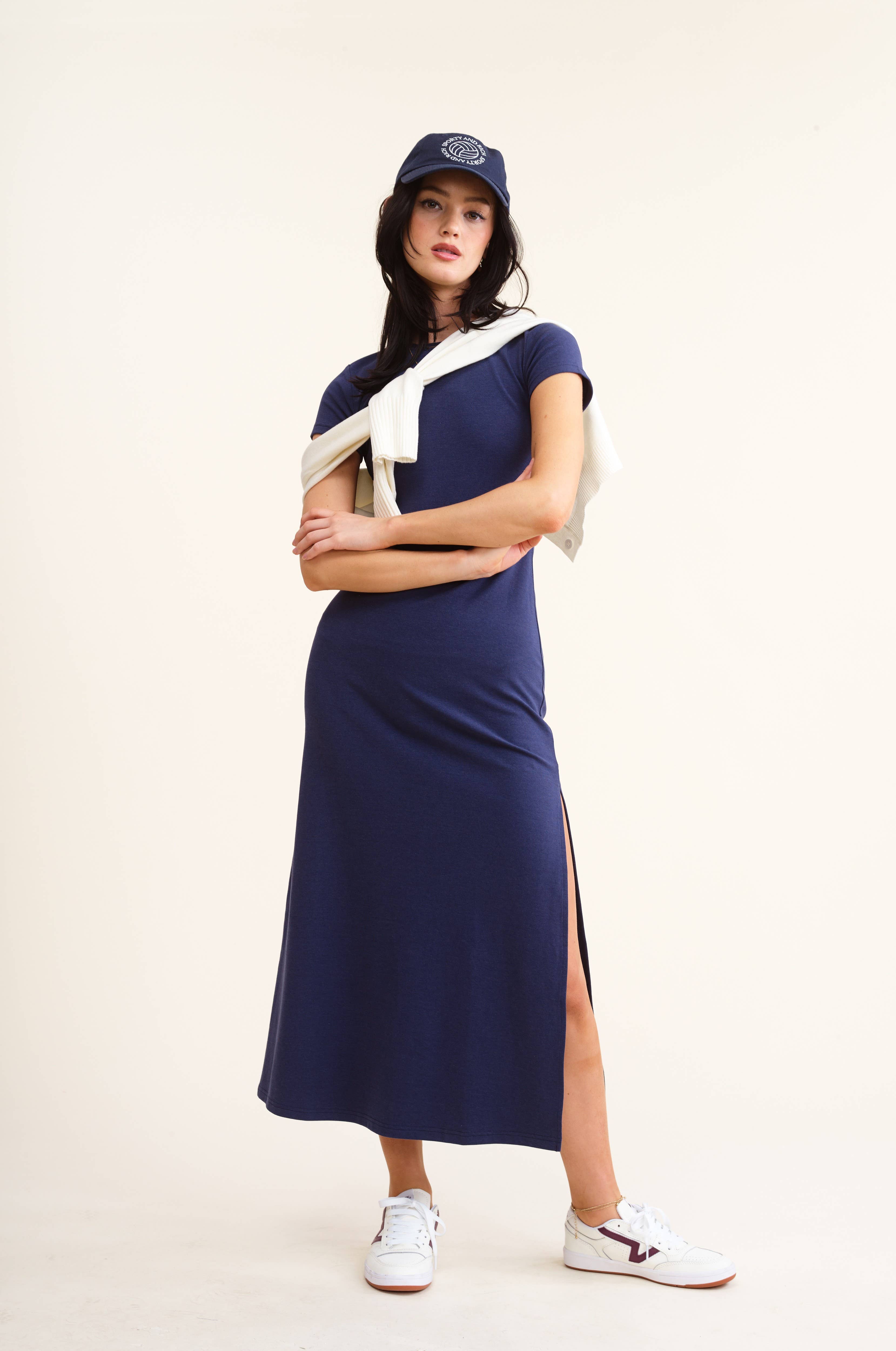 Navy  Stretchy Side Slit Detail Short Sleeve Midi Dress for wholesale on Faire3