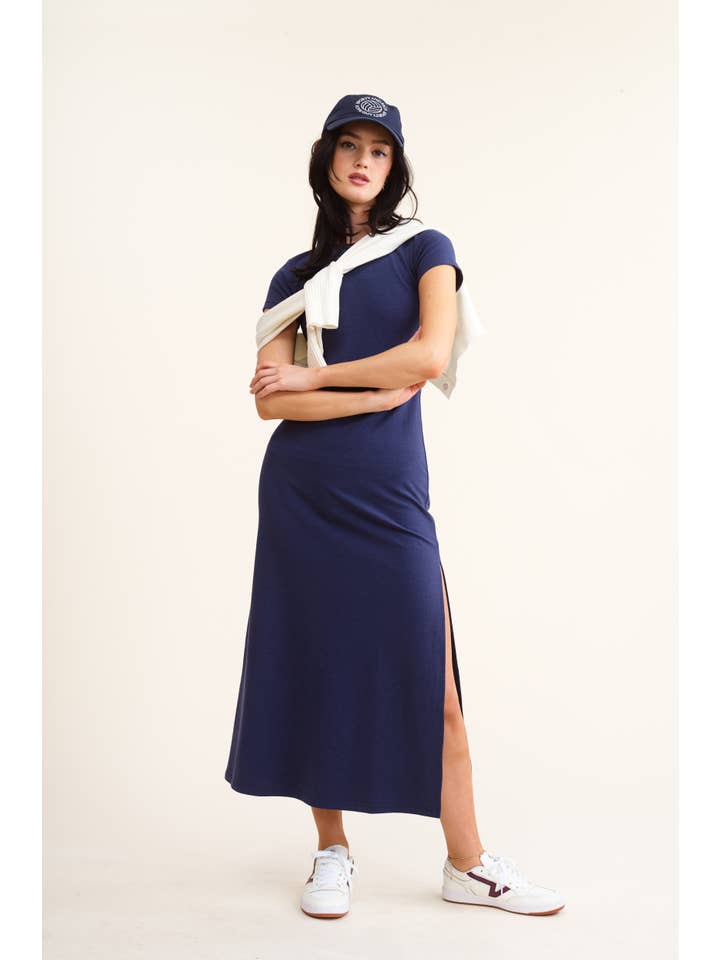 Navy Stretchy Side Slit Detail Short Sleeve Midi Dress for wholesale on Faire3