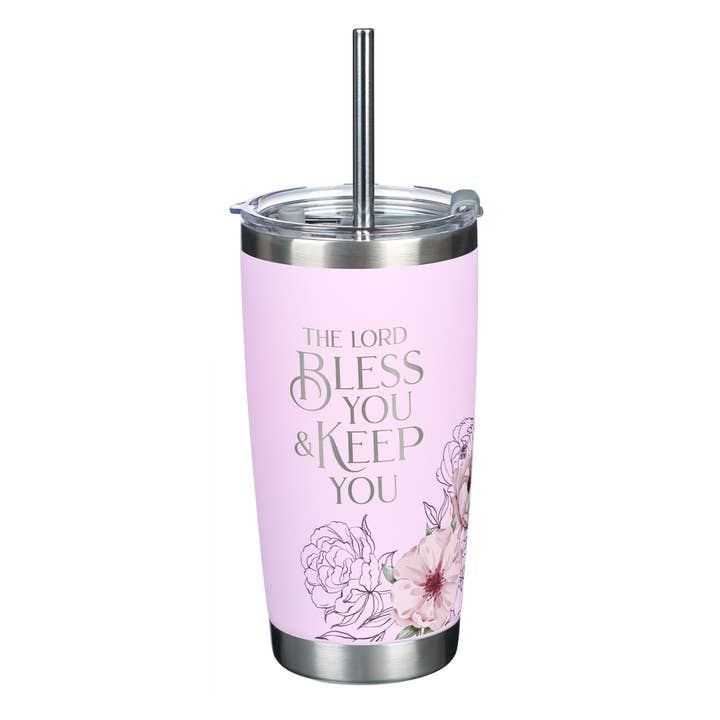 Tumbler w/straw SS Pink Lord Bless & Keep You Num. 6:24 for wholesale by Christian Art Gifts