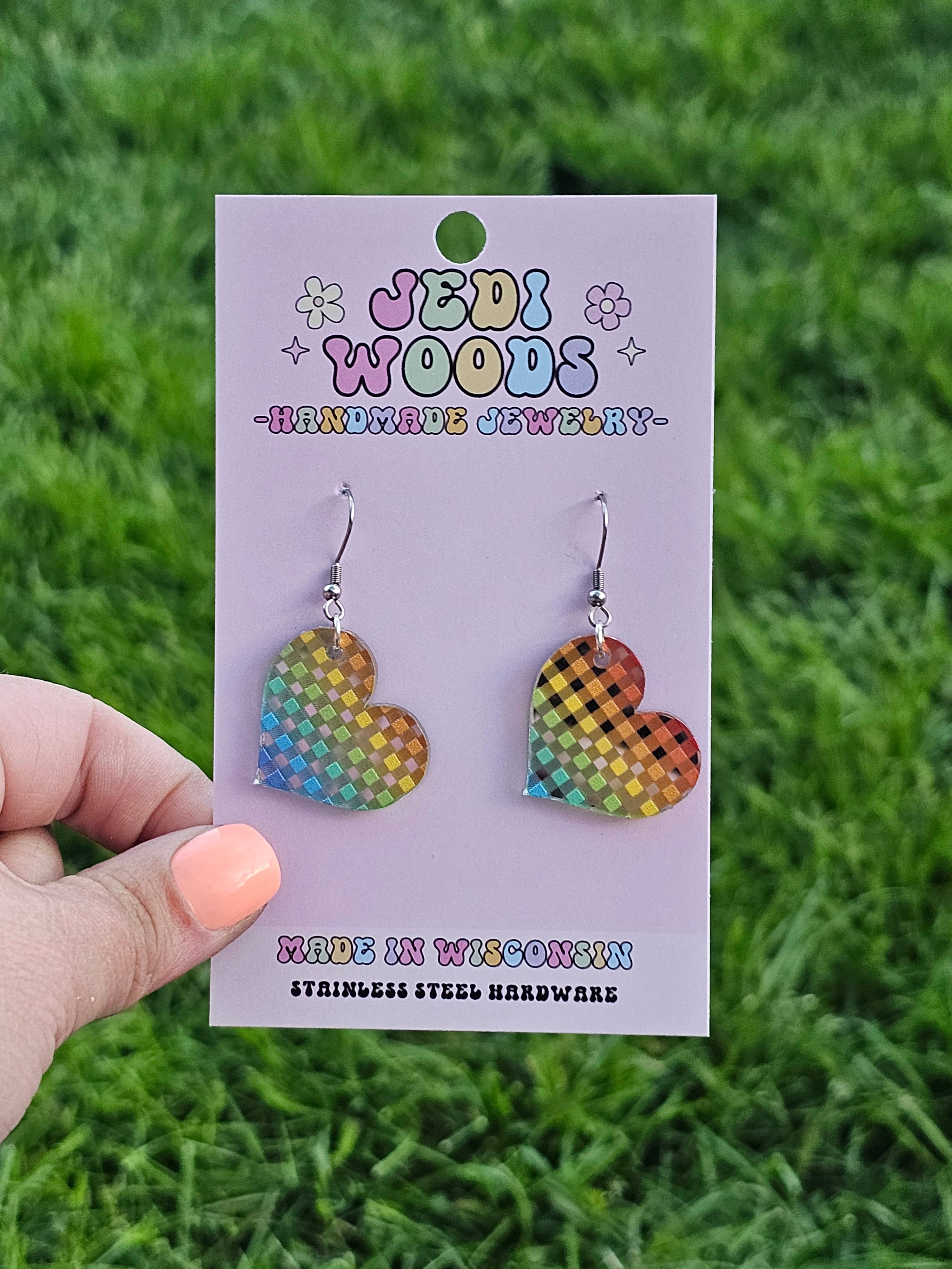 Jedi Woods LLC - Wholesale Dangle Earrings - Rainbow Plaid Heart Earrings on Silver Mirror Acrylic2